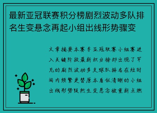 最新亚冠联赛积分榜剧烈波动多队排名生变悬念再起小组出线形势骤变 最新亚冠联赛积分榜剧烈波动多队排名生变悬念再起小组出线形势骤变